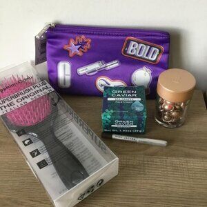 Clinique Purple Cosmetic Bag, Brush, Face Cream, Eyeliner & Moisture Capsules